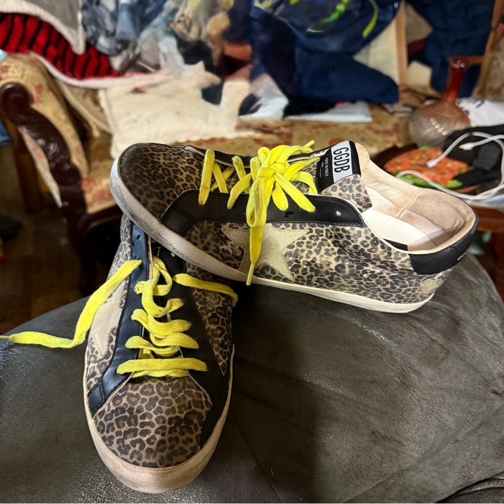 Golden Goose Leopard Print Sneakers with Bright Yellow Laces